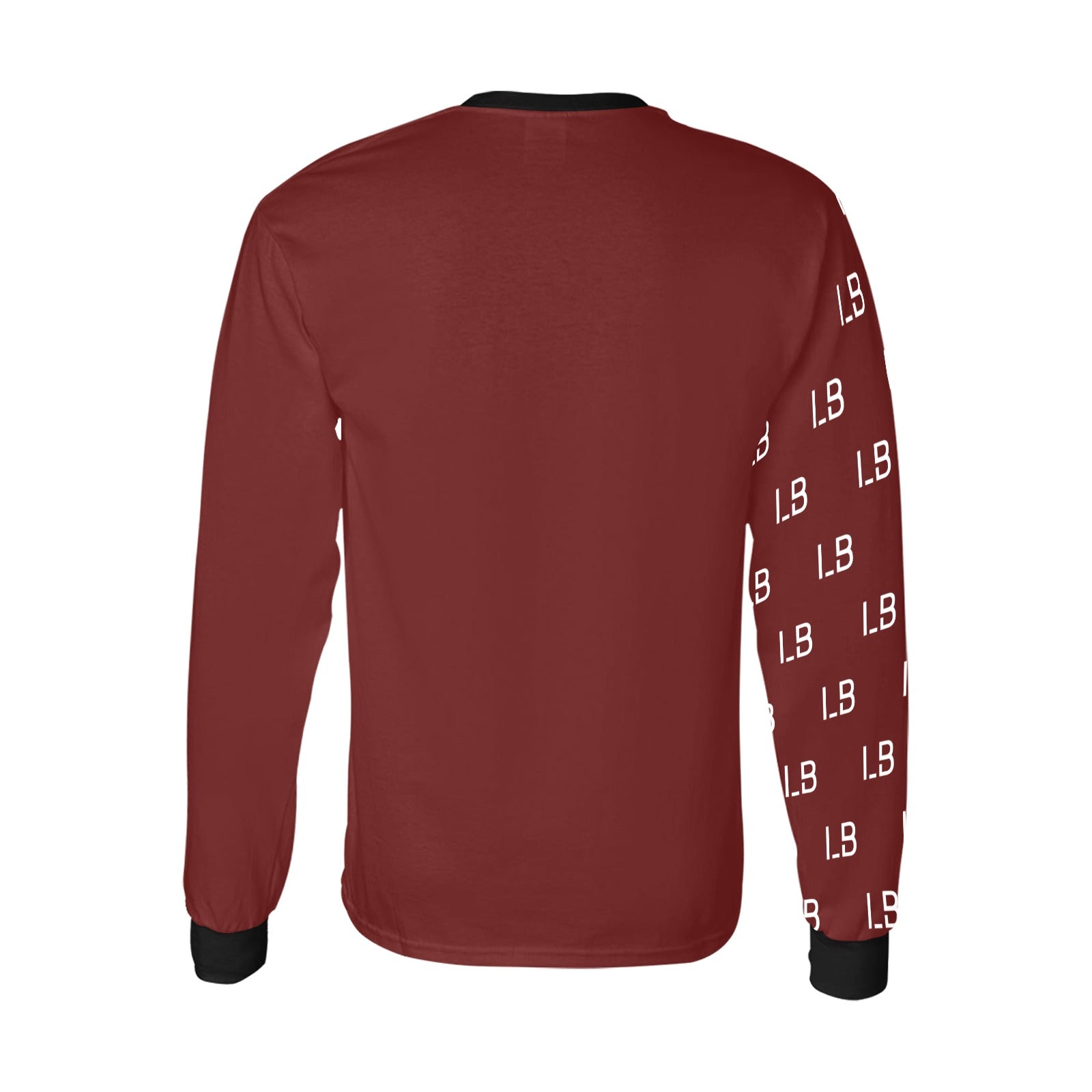 Maroon long-sleeve shirt with black cuffs and repeating "LB" pattern on one sleeve.