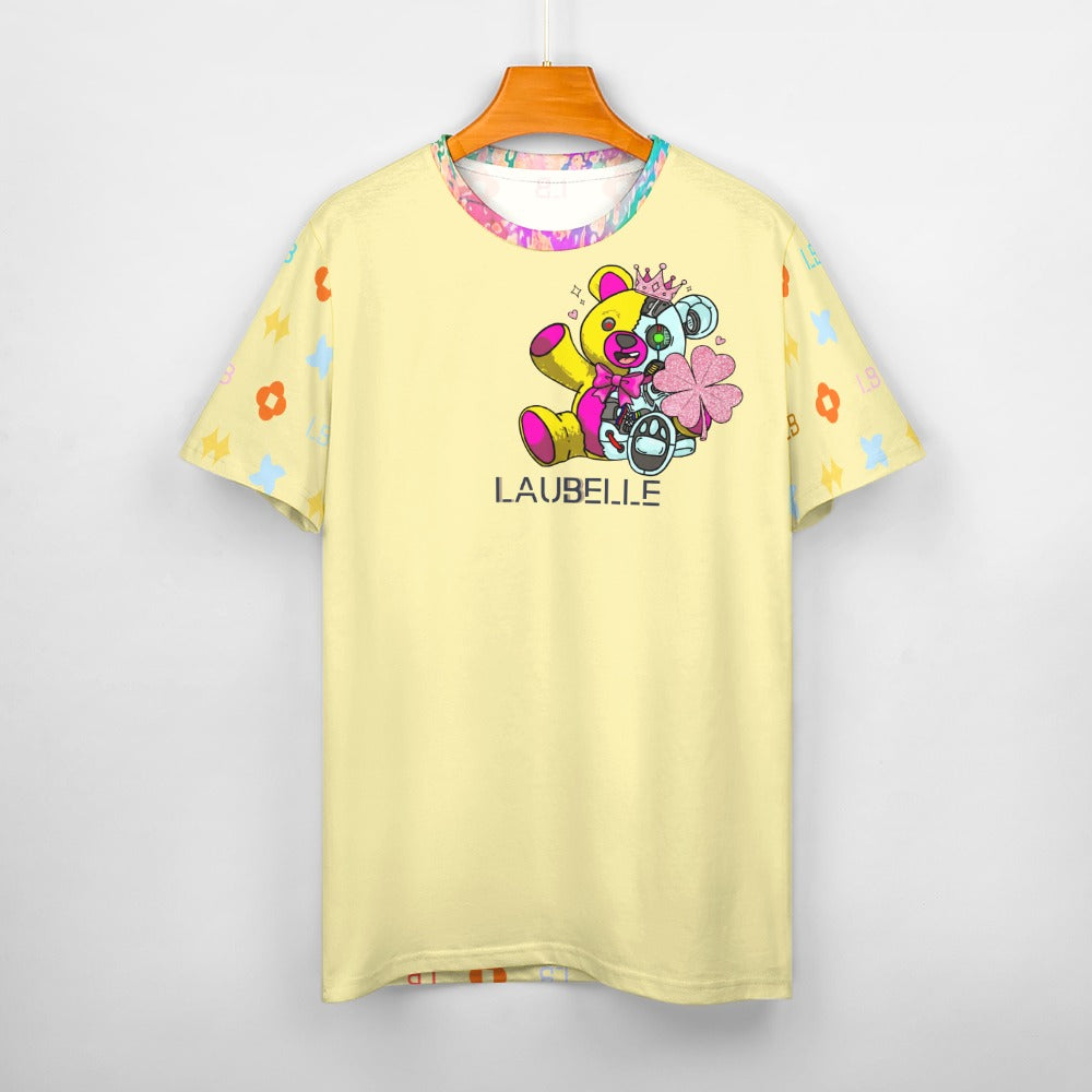 Yellow T-shirt with playful multicolored bear and flower design, text "LAUBELLE" below the image.