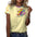 Woman in a yellow T-shirt with colorful bear graphic, patterned sleeve, and blue jeans.