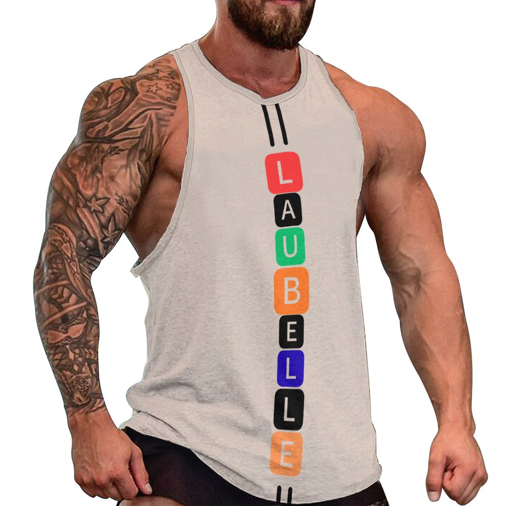 Muscular person in a sleeveless white shirt with colorful square letters "LAUBELLE" vertically.