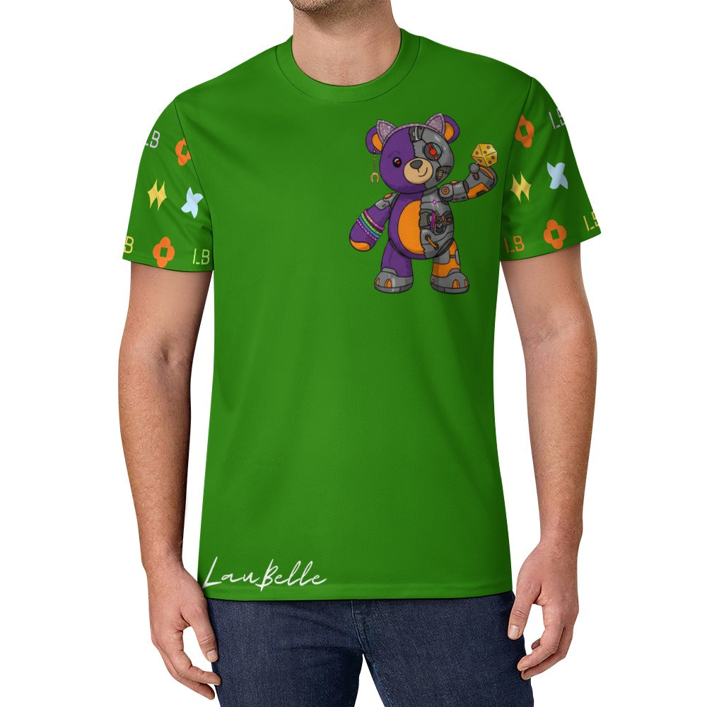 Man in bright green T-shirt with colorful patchwork teddy bear and patterned sleeves.
