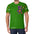 Man in bright green T-shirt with colorful patchwork teddy bear and patterned sleeves.