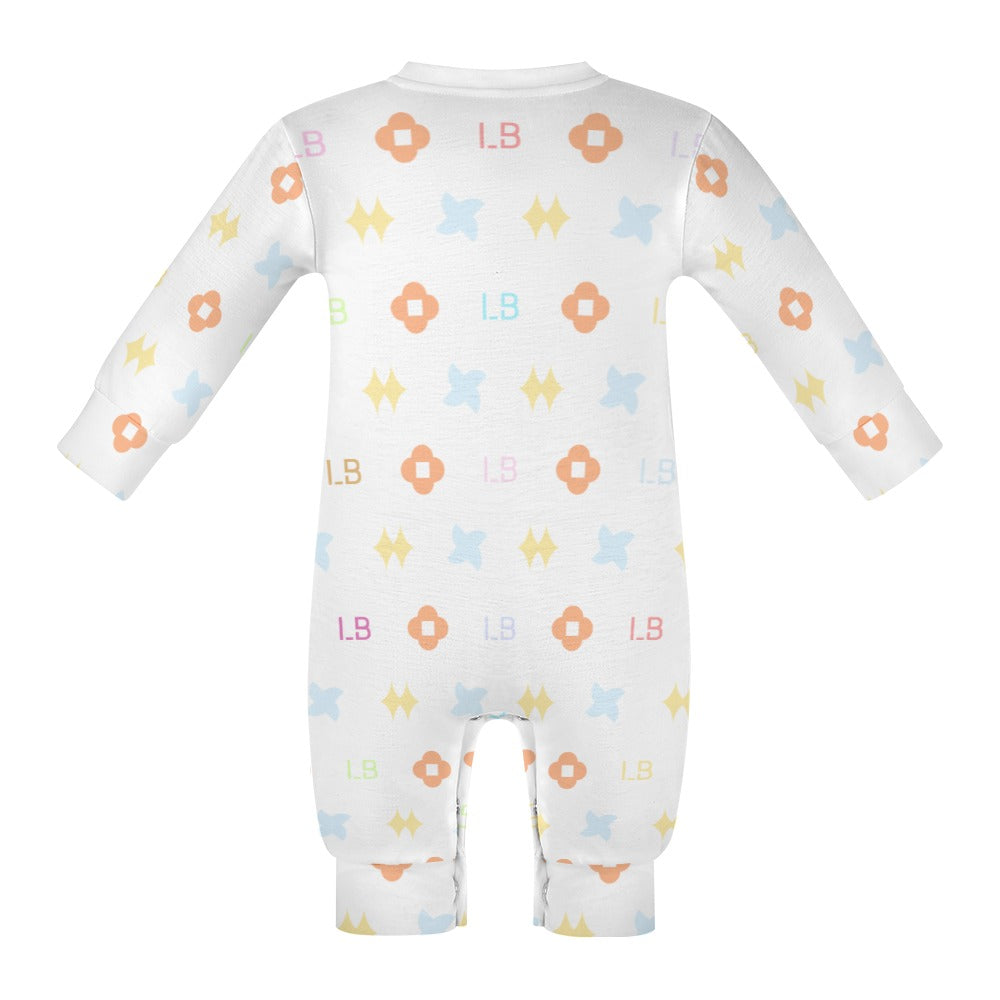 White baby onesie with pastel orange, blue, and yellow geometric patterns and "LB" initials.