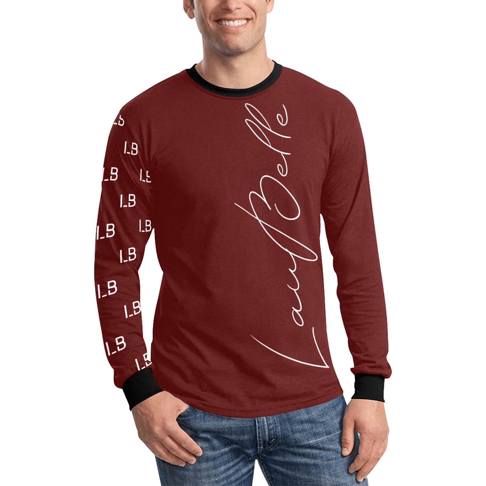 Man in a maroon long-sleeve shirt with "LaufBelle" text and numbers on the sleeve, wearing jeans.