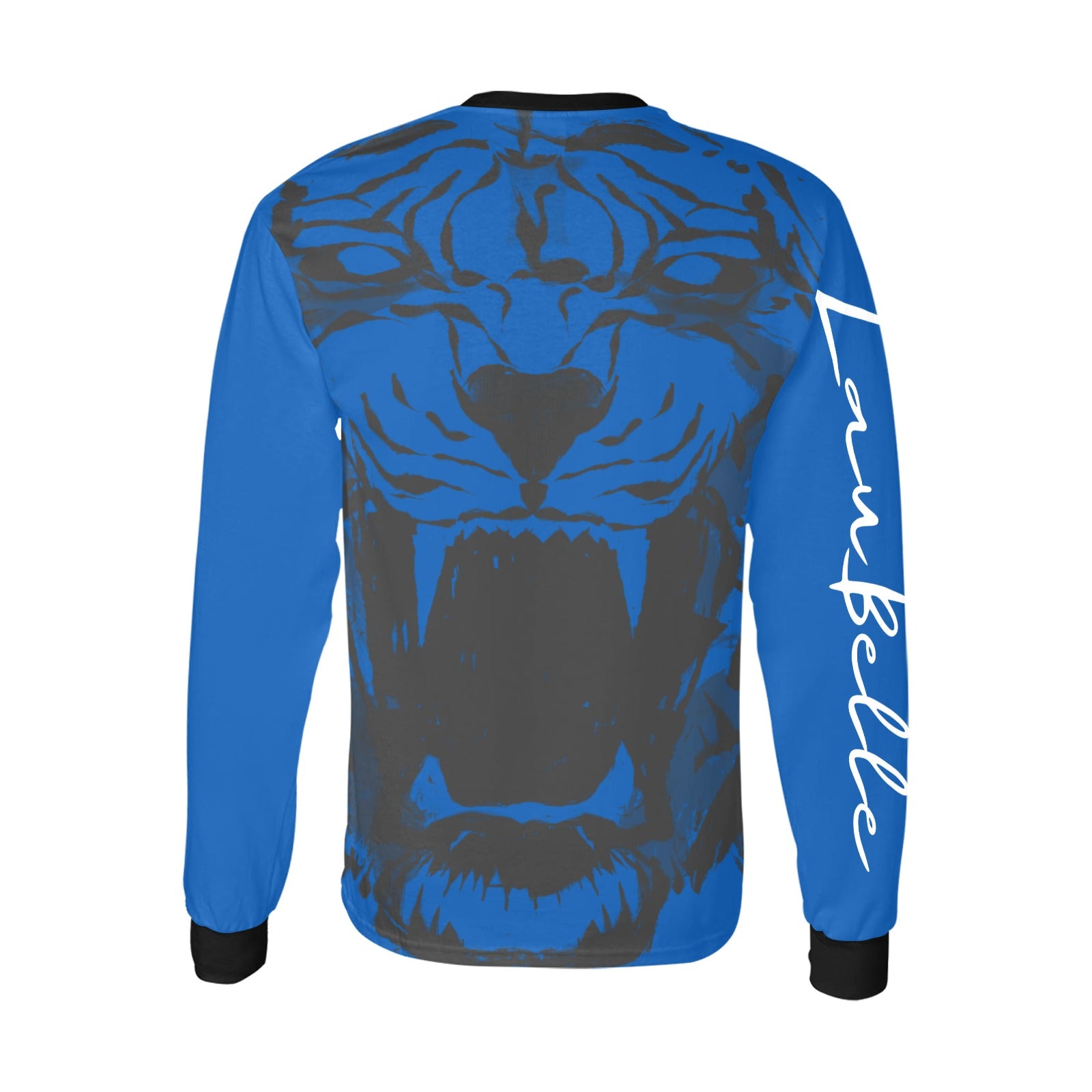 Blue shirt with a large black tiger face design, black cuffs, and white script on one sleeve.