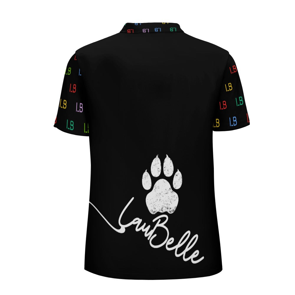 Black shirt with colorful "LS" text on sleeves, large white paw print, and "LauBelle" text.