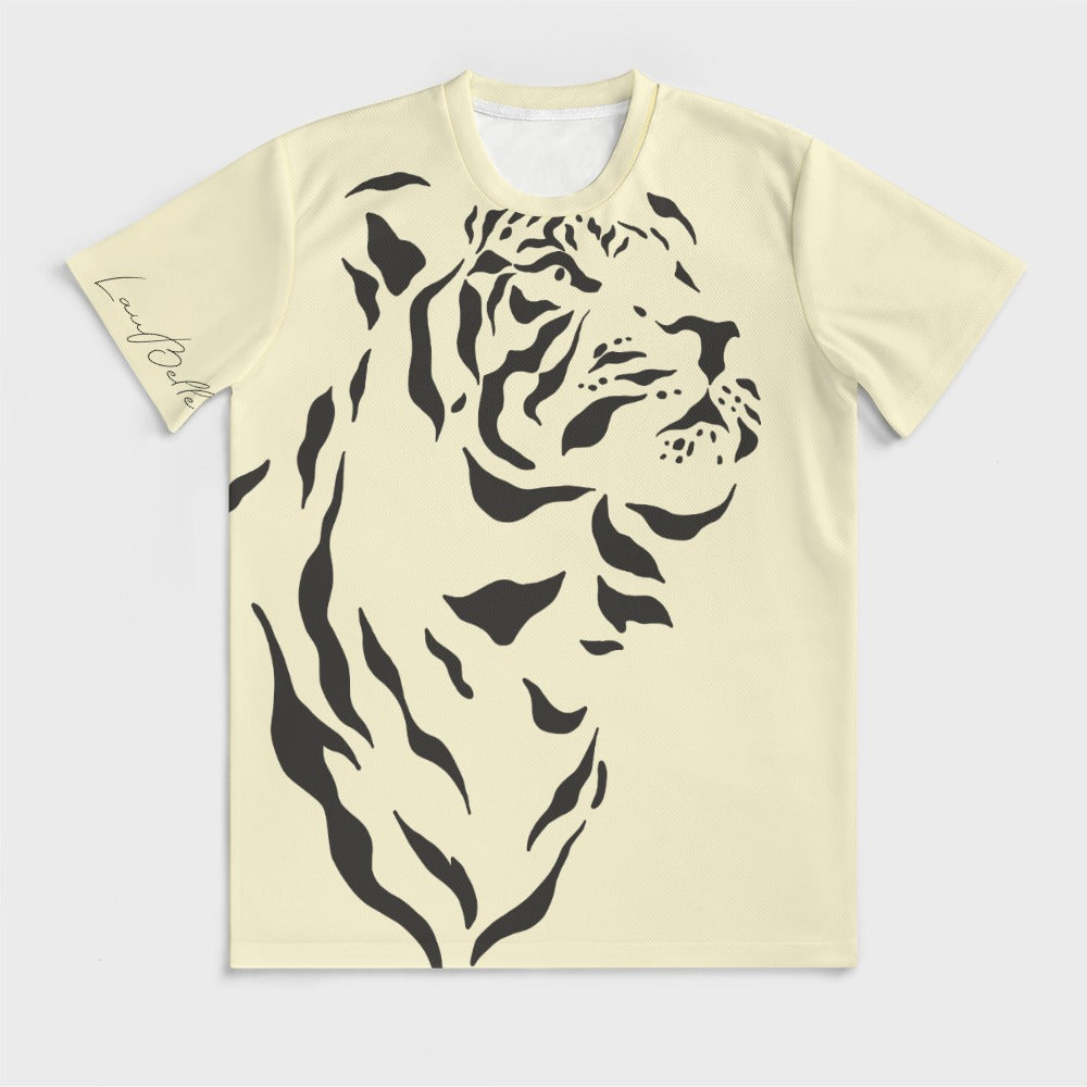 Cream T-shirt with large black abstract tiger illustration across front and sleeve.