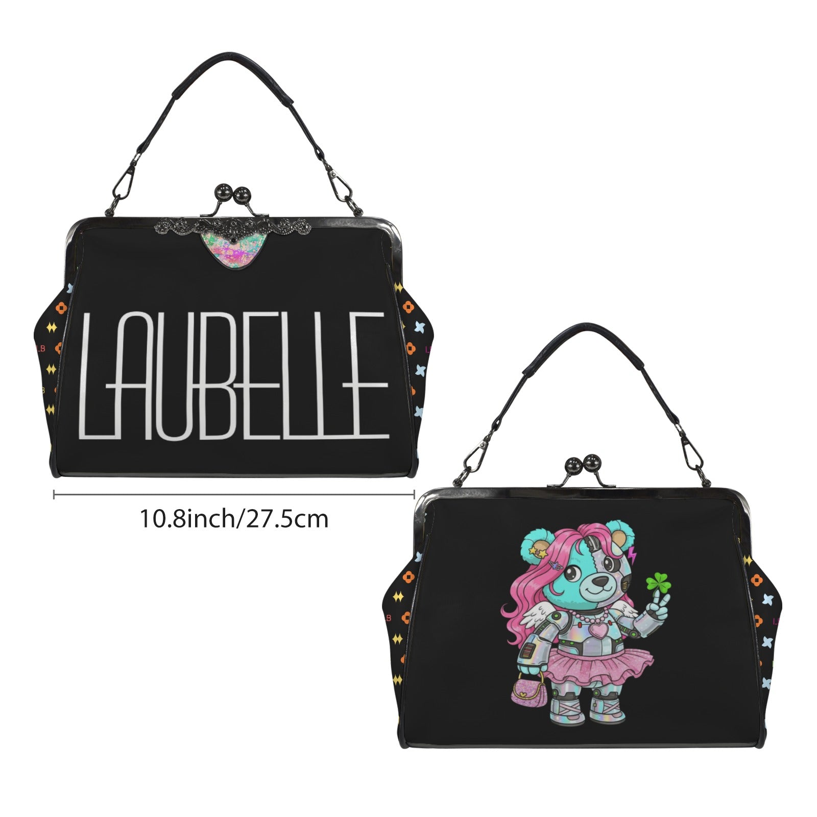 Black handbag with "LAUBELLE" text and a colorful cartoon bear on the other side, 10.8 inches wide.