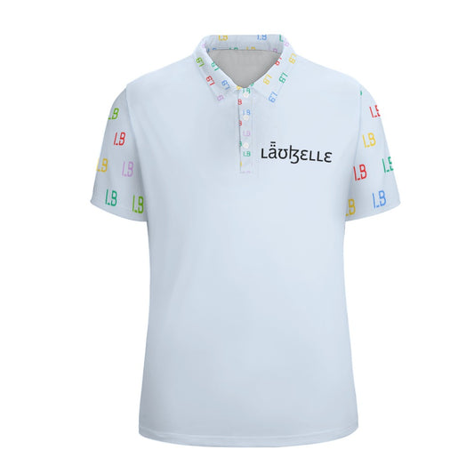 White polo shirt with colorful "LB" patterns on sleeves and collar, "Laquelle" text on chest.