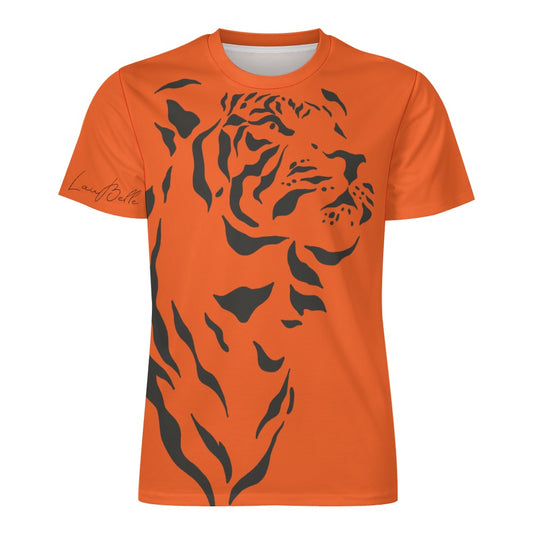 Bright orange T-shirt with large black tiger face and stripes graphic across the front.