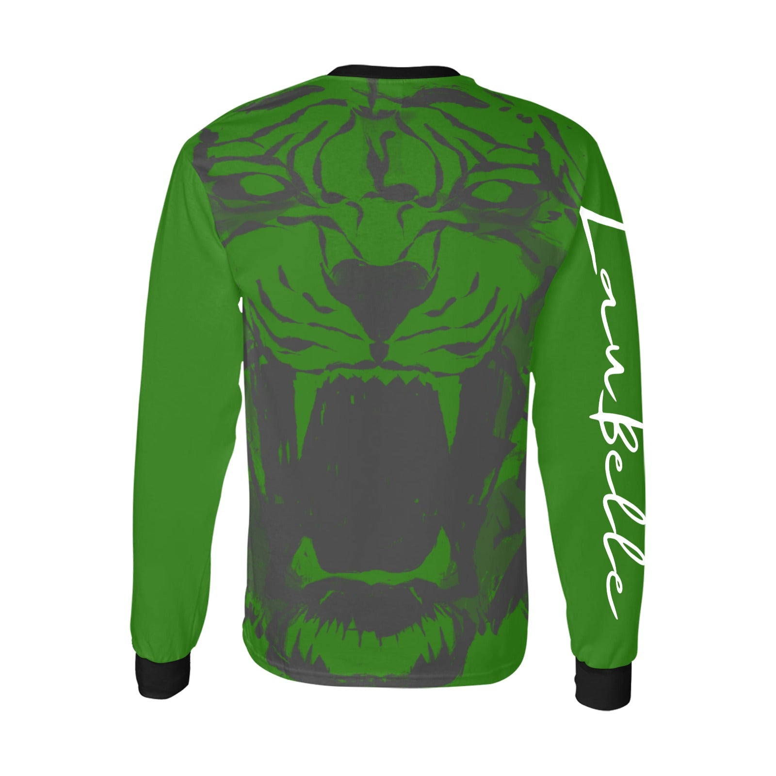 Green and black long-sleeve shirt with a large tiger face and white cursive text on the sleeve.