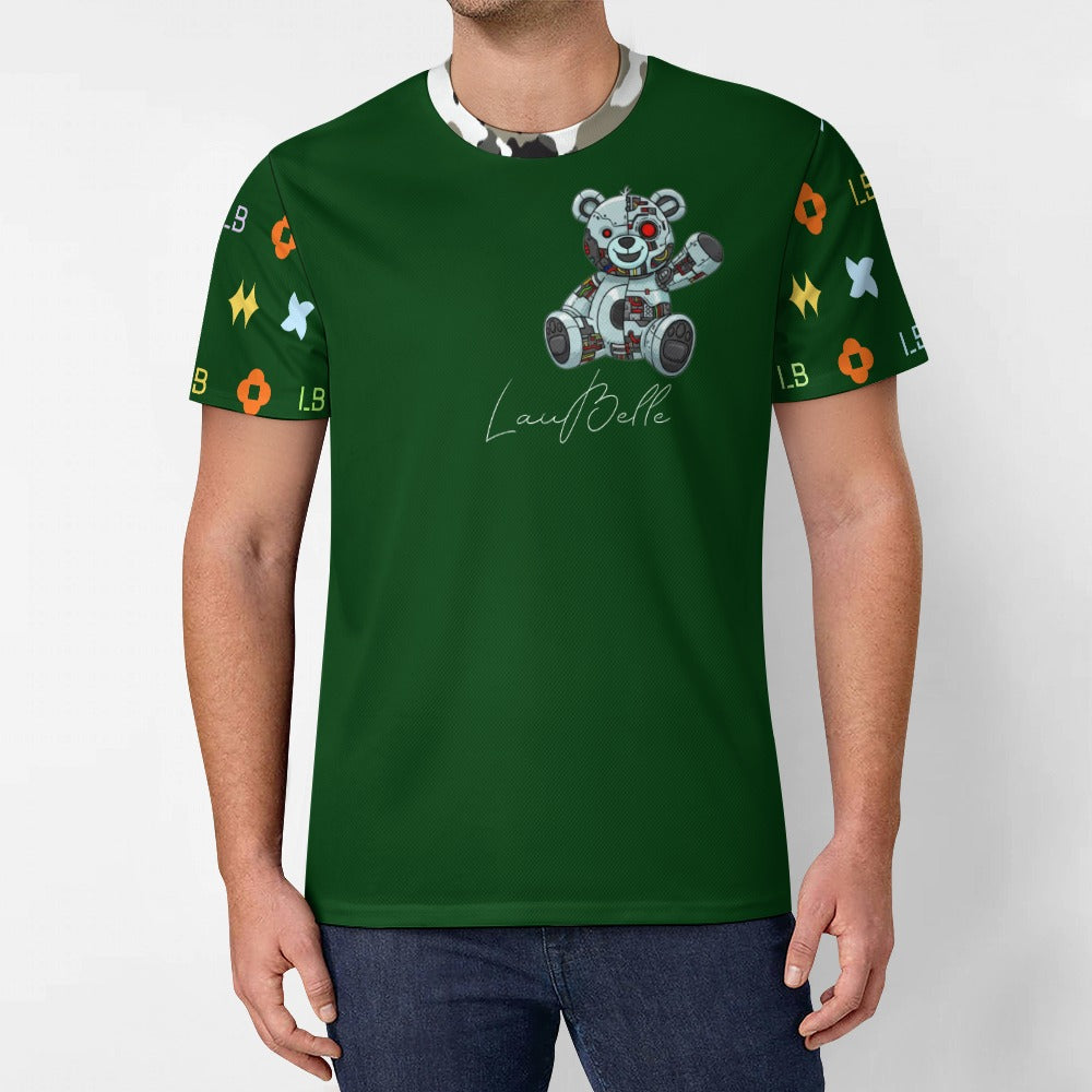 Man in dark green T-shirt with cartoon teddy bear and colorful patterned sleeves.
