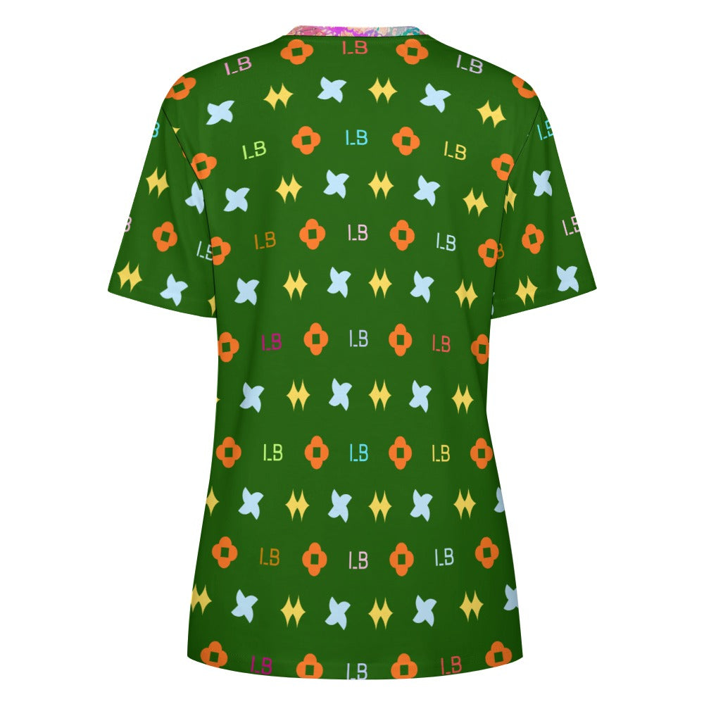 Green shirt with orange, yellow, and blue geometric patterns and letters.