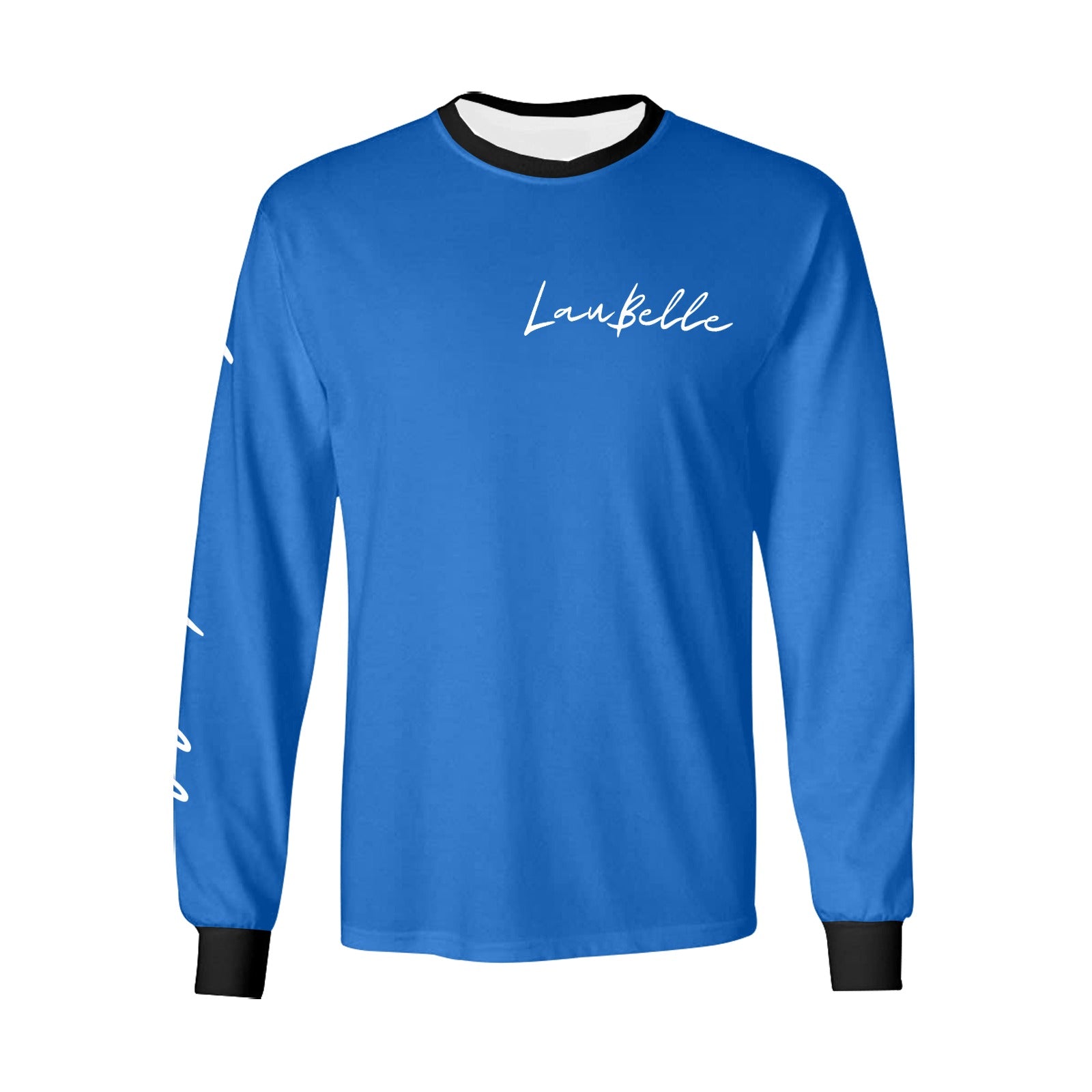 Blue long-sleeve shirt with black cuffs and collar, white script on chest and sleeves.