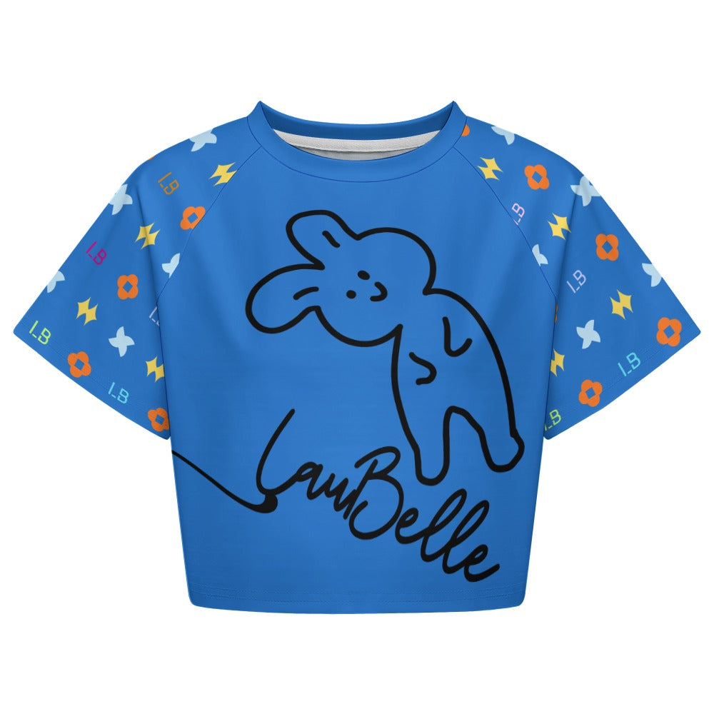 Blue crop top with a playful black bunny sketch, colorful sleeves, and floral patterns.