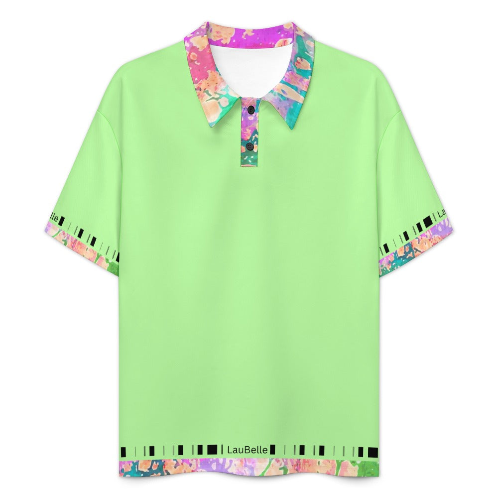 Light green shirt with colorful abstract patterns on the collar, cuffs, and hemline.