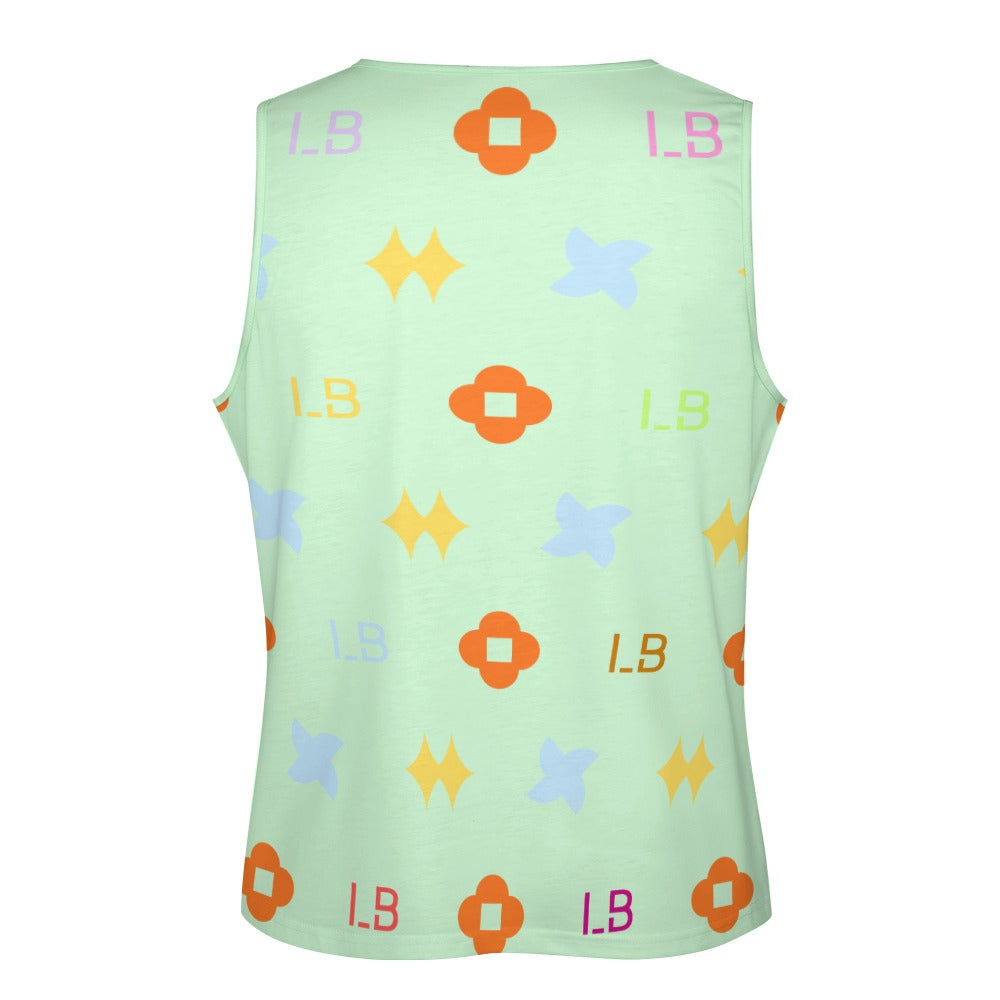 Mint green sleeveless top with orange, blue, and yellow geometric patterns and "L.B" letters.