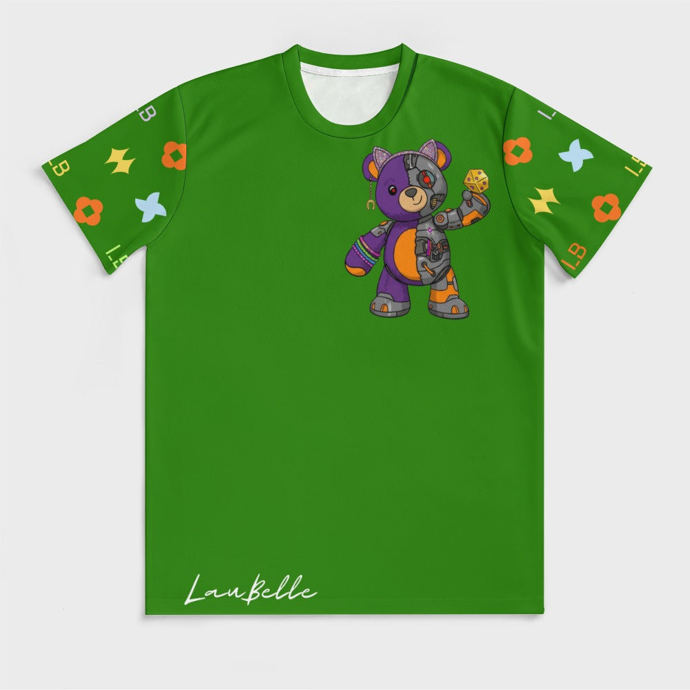 Green T-shirt with colorful robot teddy bear graphic and patterned sleeves