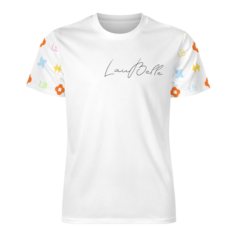 White T-shirt with cursive chest logo and colorful orange, yellow, and blue motifs on sleeves