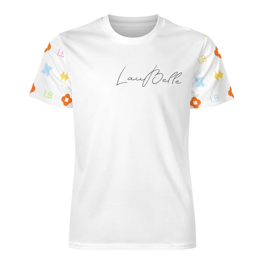 White T-shirt with cursive chest logo and colorful orange, yellow, and blue motifs on sleeves