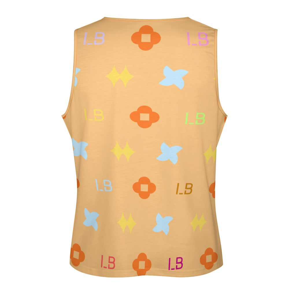Beige tank top with colorful floral and star patterns, featuring orange, blue, and yellow designs.