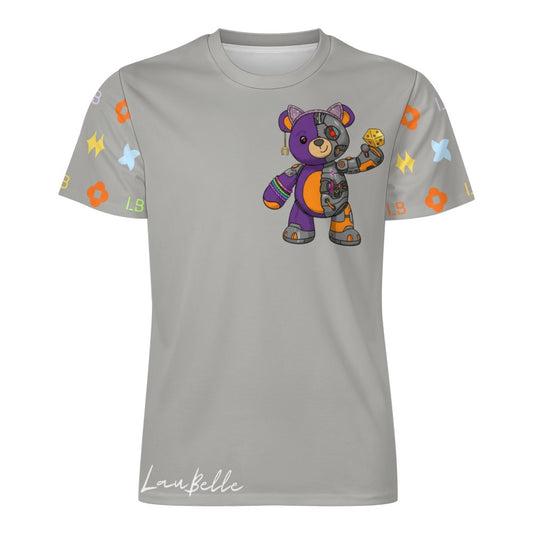 Gray T-shirt with colorful cyborg teddy bear graphic and star-patterned sleeves.