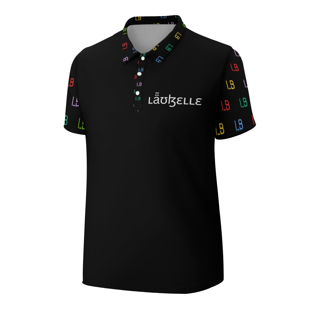 Black polo shirt with colorful "LB" logos on sleeves and collar, and “Lauzelle” text on chest.