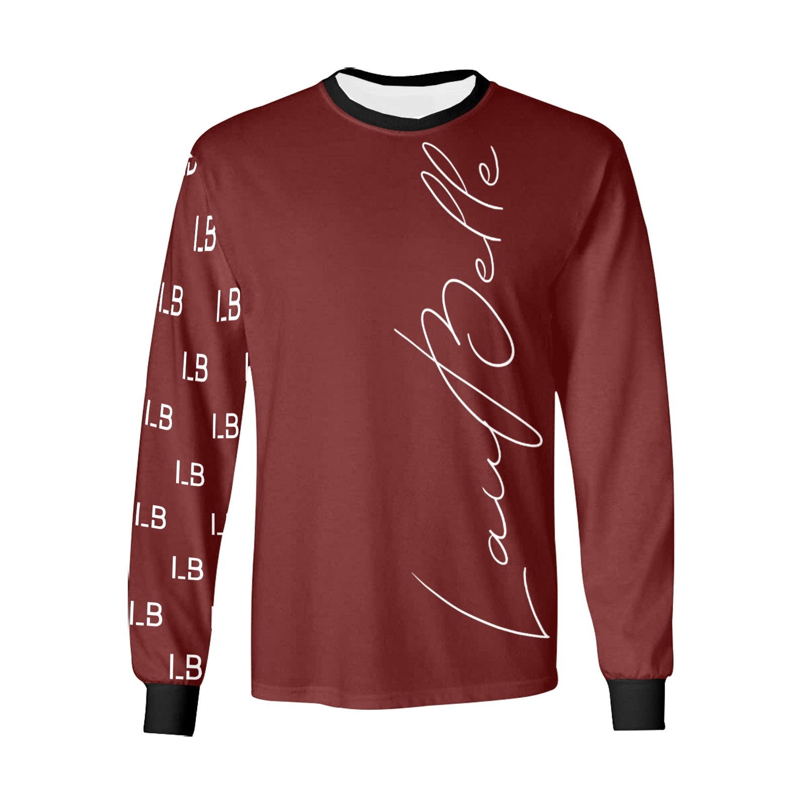 Maroon long-sleeve shirt with white cursive text and "L.B" on the sleeve; black collar and cuffs.