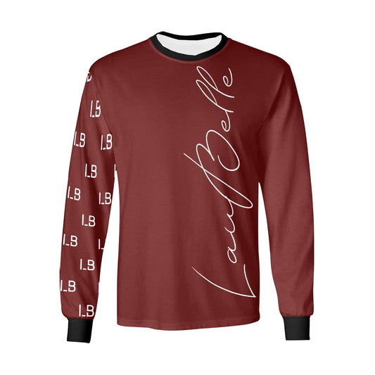 Maroon long-sleeve shirt with white cursive text and "L.B" on the sleeve; black collar and cuffs.