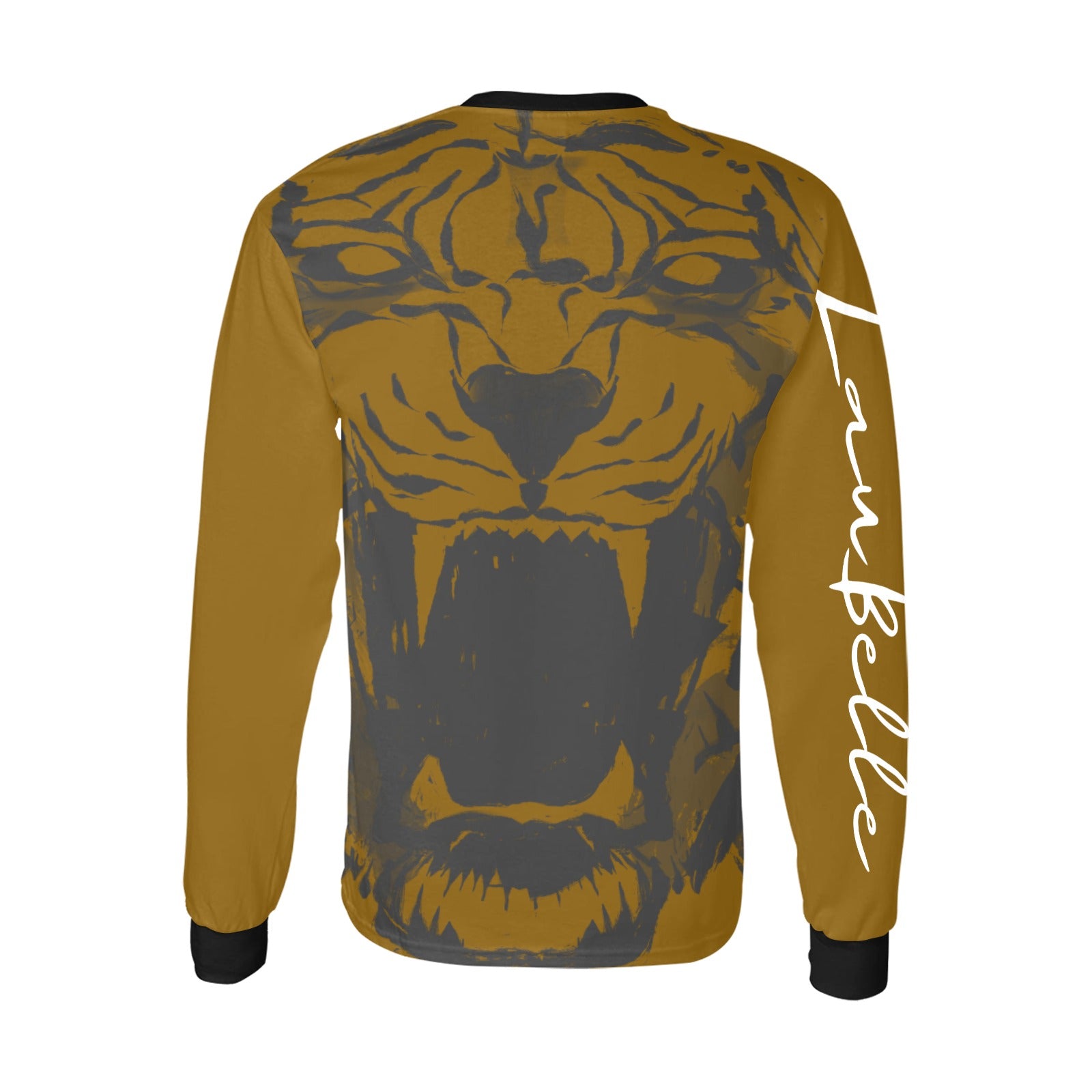 Brown shirt with a large black lion face on the back and white cursive text on the sleeve.