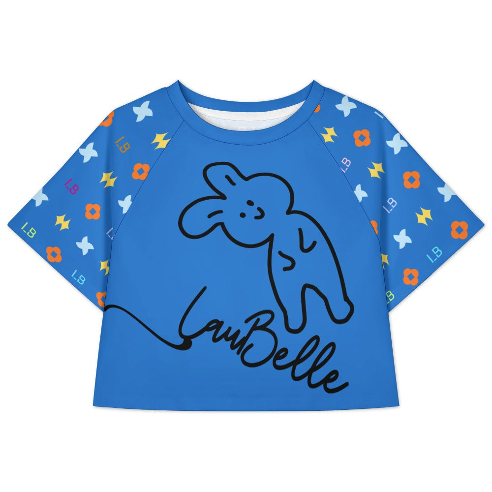 Blue t-shirt with a black bunny design, colorful stars and shapes on the sleeves.