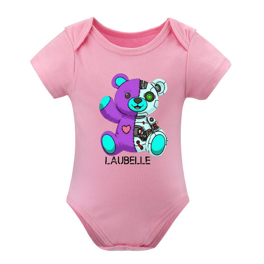 Pink baby onesie with a colorful teddy bear design and "Laubelle" text on the front.