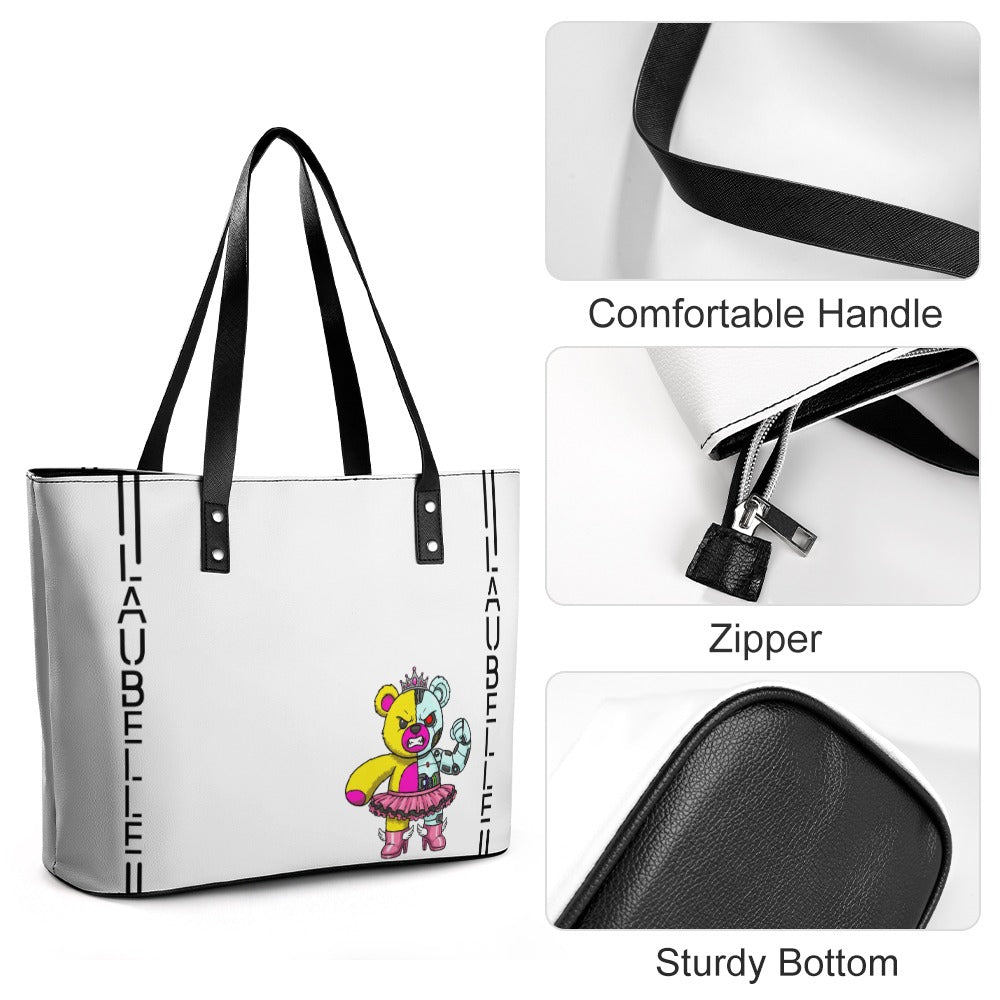 White tote bag with black handles, cartoon bear design, zipper, and sturdy bottom.