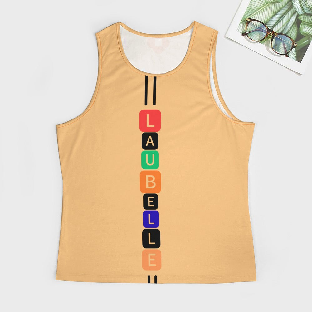 Beige tank top with colorful vertical text blocks and black stripes; glasses and leaf nearby.
