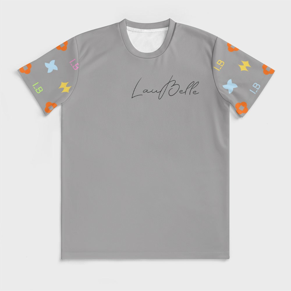 Gray T-shirt with cursive Laurbelle logo and sleeves of colorful stars, hearts, and shapes