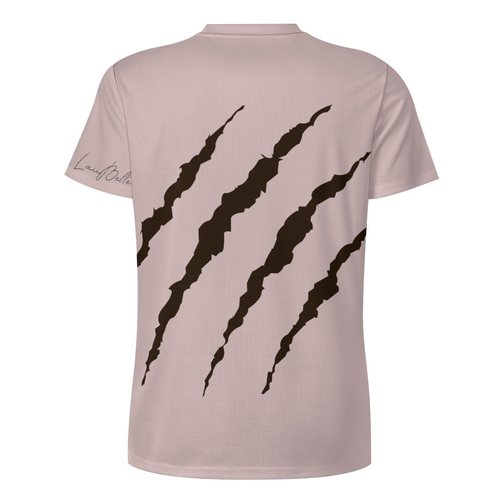 Light pink T-shirt back with five large dark claw-scratch graphics and a small sleeve signature.