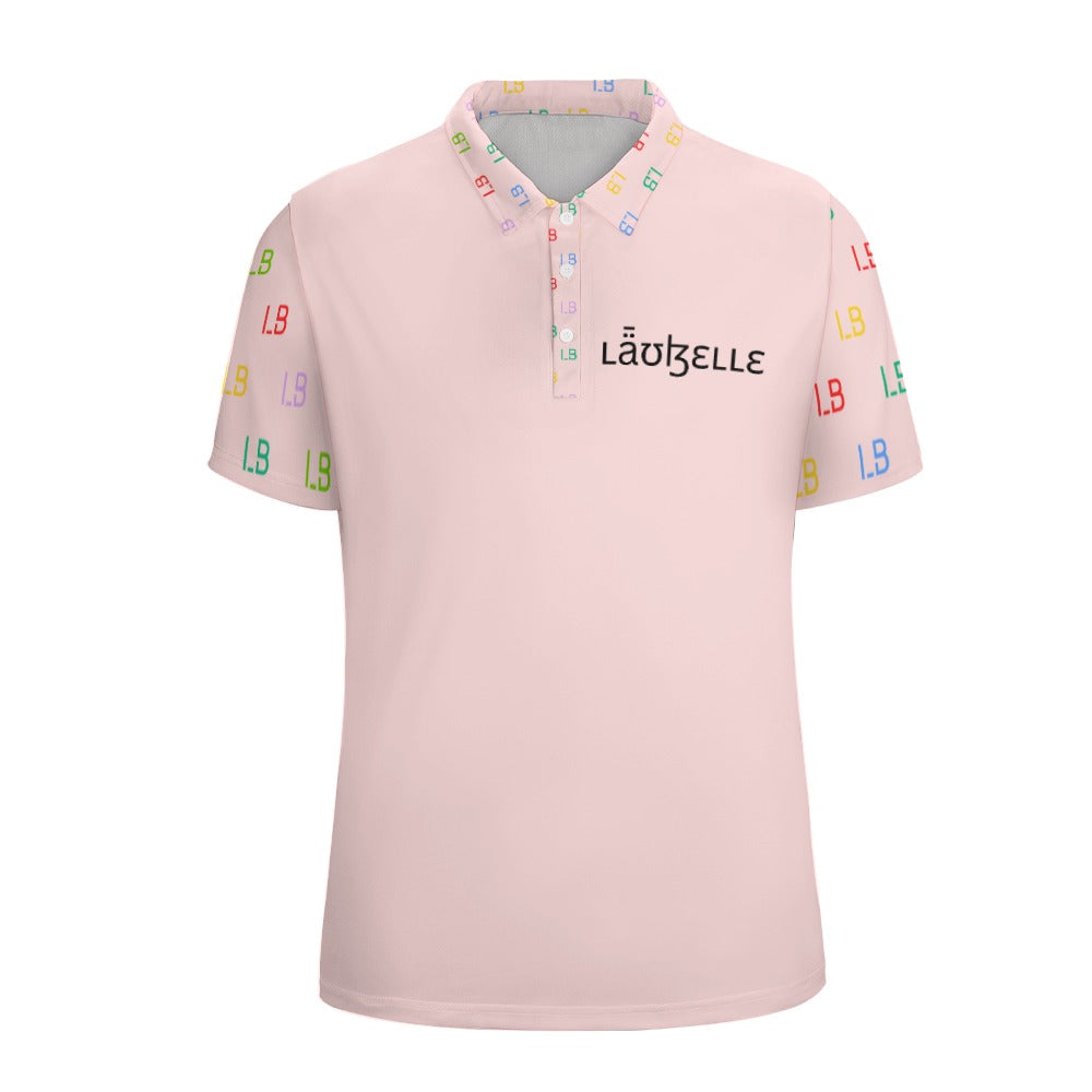Pink polo shirt with colorful "LB" patterns on sleeves and collar, "Lazbelle" logo on chest.