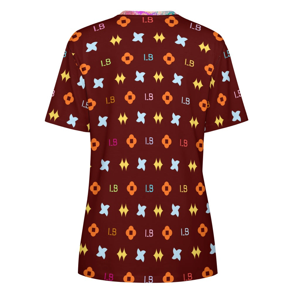 Brown shirt with colorful patterns of orange, blue, yellow shapes, and "LB" letters.