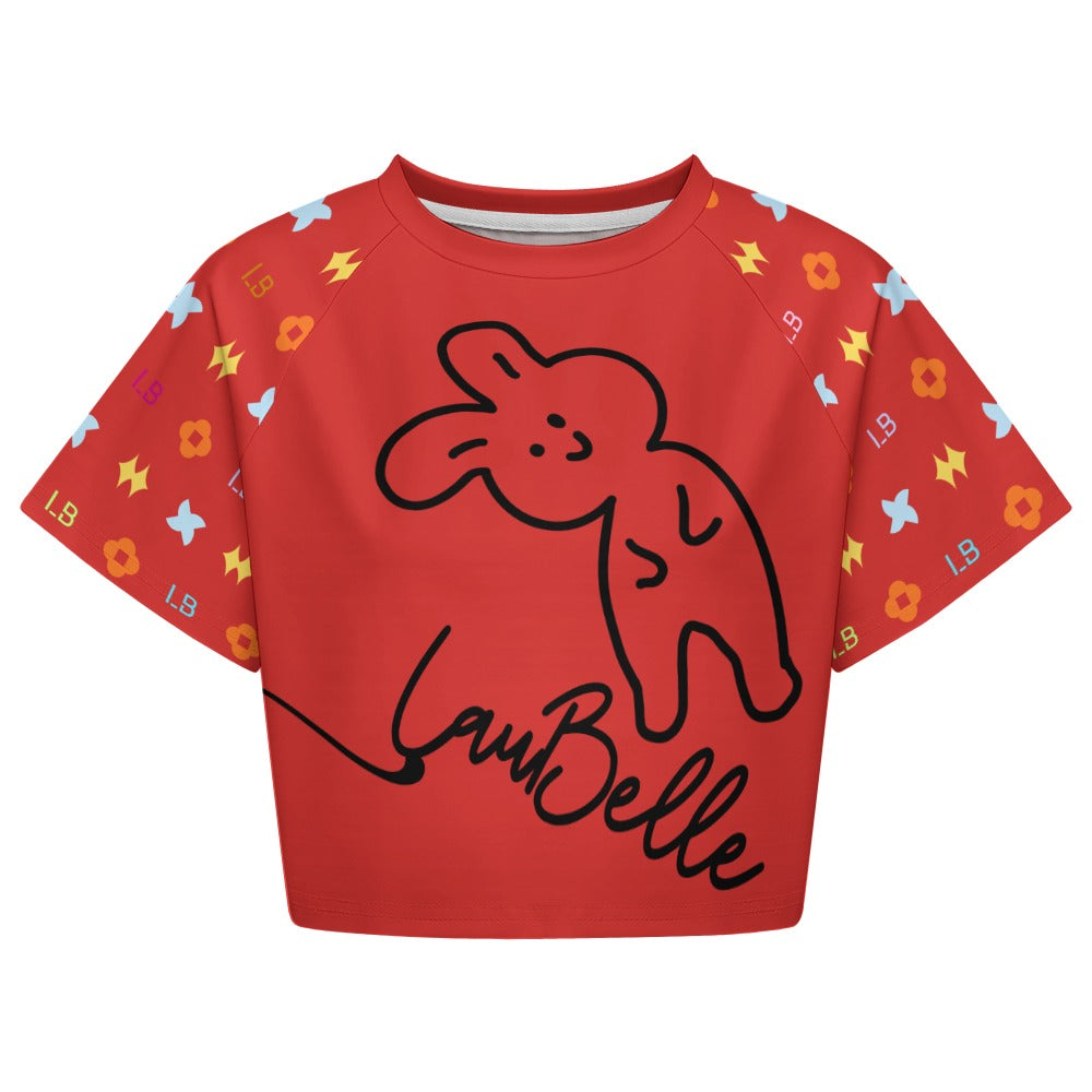 Red crop top with a black cartoon bunny, colorful geometric patterns, and "La Belle" text.