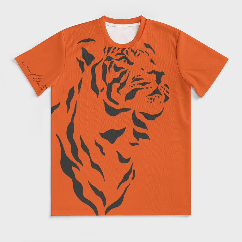 Orange T-shirt with large black tiger illustration on front and subtle design on left sleeve.