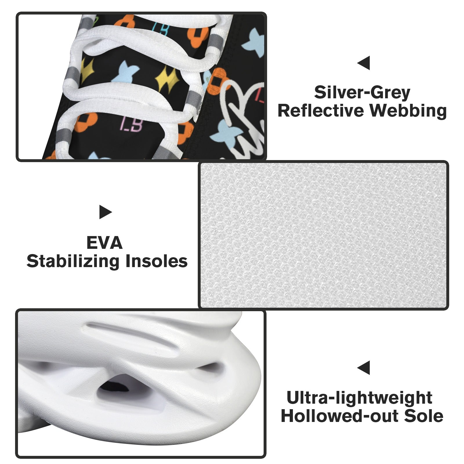 Close-up of shoe features: colorful pattern, silver-grey webbing, EVA insoles, white hollowed sole.