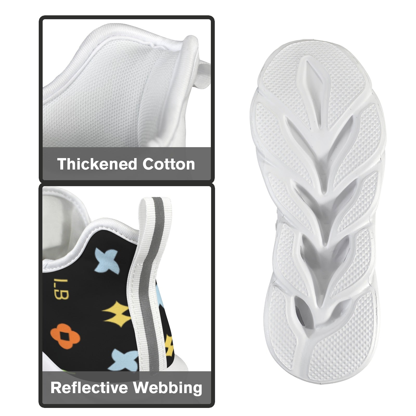 White shoe with thick cotton lining, reflective webbing, and colorful floral and star patterns.