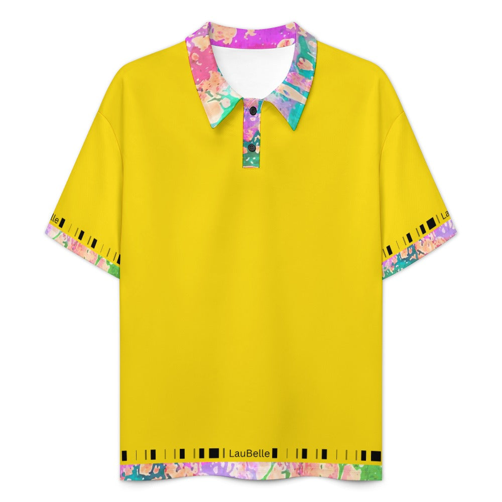 Yellow shirt with colorful abstract collar and trim on sleeves and hem.