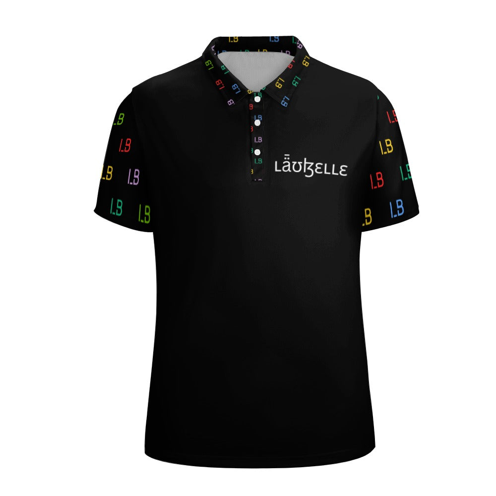 Black polo shirt with colorful "LB" on sleeves and collar, white "Laquelle" logo on chest.