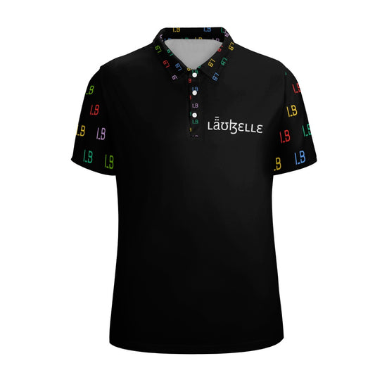 Black polo shirt with colorful "LB" on sleeves and collar, white "Laquelle" logo on chest.