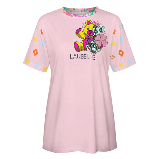 Pink T-shirt with colorful bear graphic, patterned sleeves with floral elements, and "LAUBELLE" text.