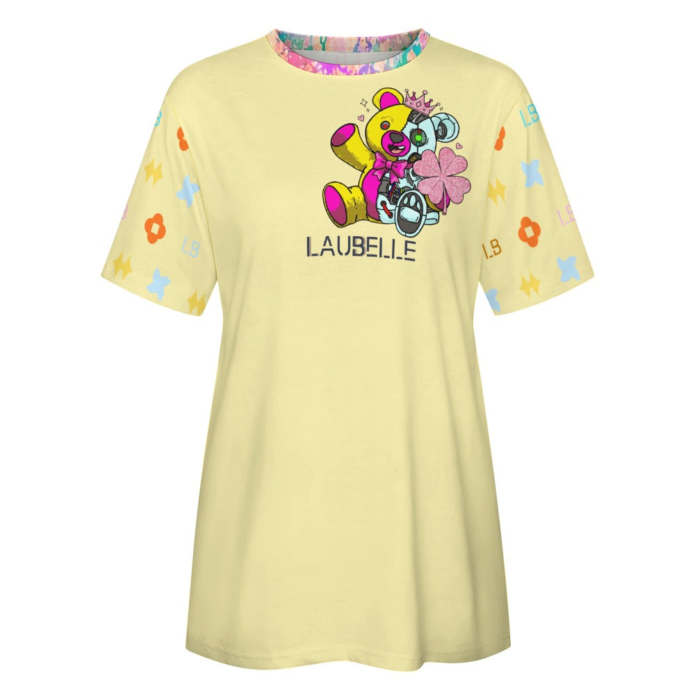 Yellow T-shirt with colorful bear graphic, multicolored sleeve patterns, and "LAUBELLE" text.