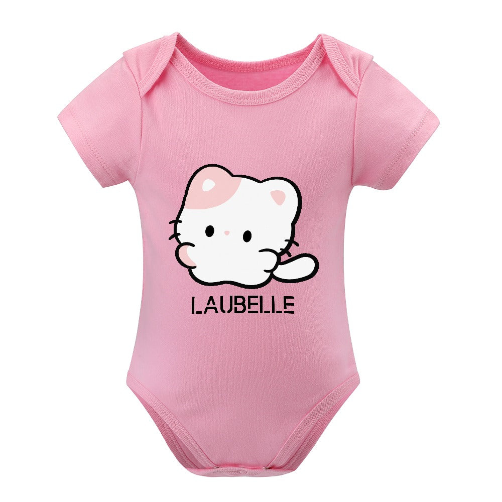 Pink baby onesie with a cute cat graphic and "Laubelle" text on the front.