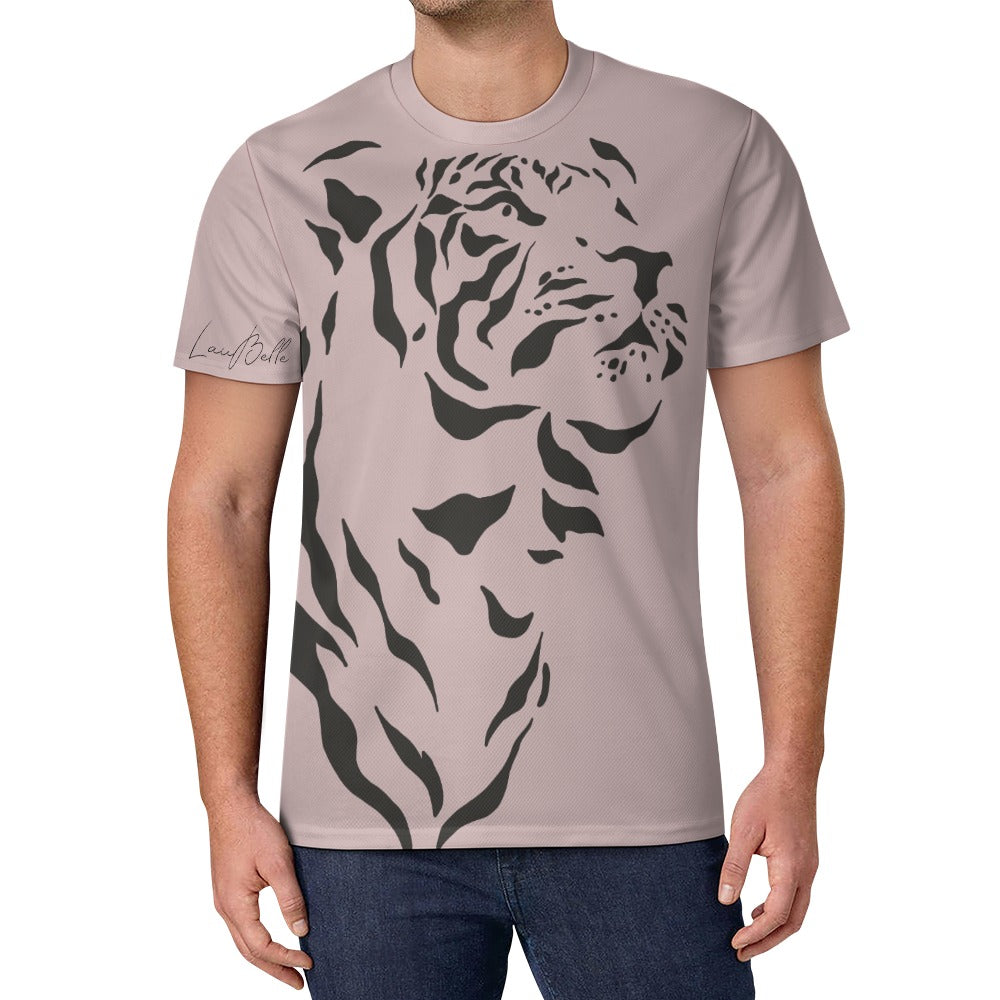 Man wearing light mauve T-shirt with large black tiger graphic on the front.