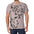 Man wearing light mauve T-shirt with large black tiger graphic on the front.